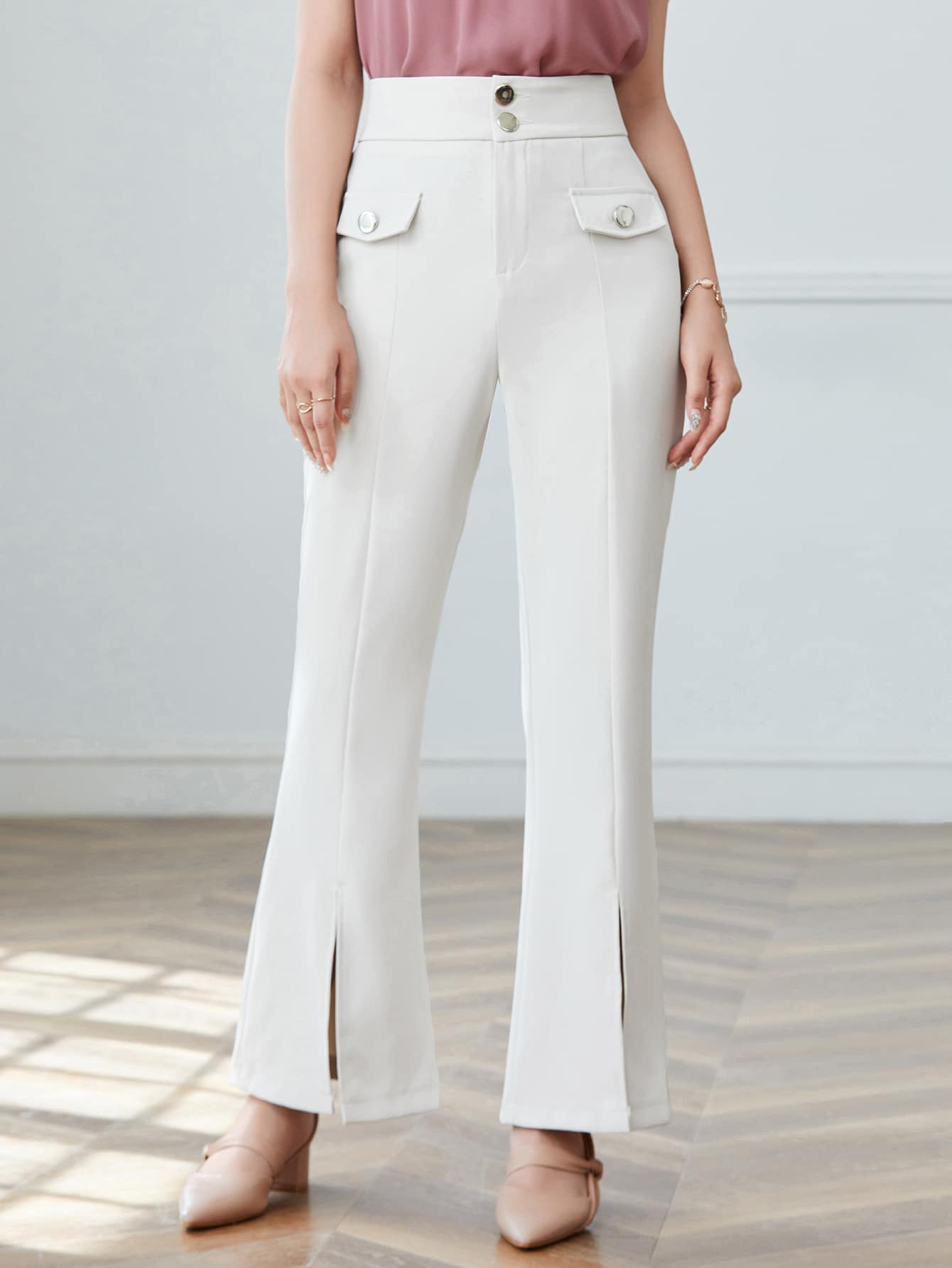 Solid High Waist Slit Hem Suit Pants - Apricot - View 1