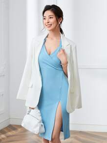 Solid High Slit Hem Tie Halter Dress - Baby Blue - View 1