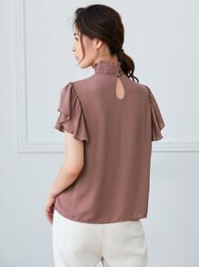 SHEIN Privé Shirred Mock Neck Butterfly Sleeve Top - Dusty Pink - View 2