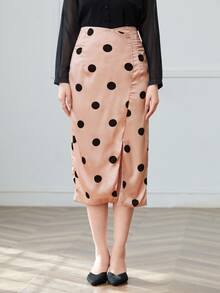 Dotted Slit Hem Straight Skirt - Coral Pink - View 1