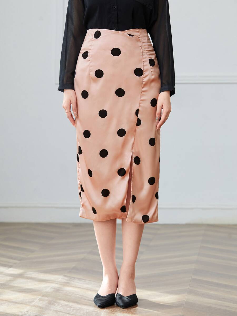 Dotted Slit Hem Straight Skirt - Coral Pink - View 1