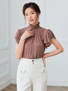 SHEIN Privé Shirred Mock Neck Butterfly Sleeve Top - Dusty Pink - View 3