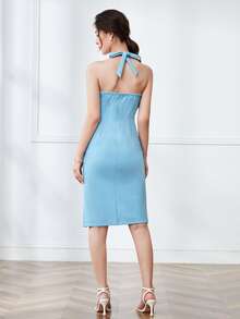 Solid High Slit Hem Tie Halter Dress - Baby Blue - View 2