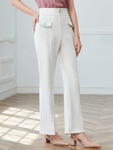 Solid High Waist Slit Hem Suit Pants - Apricot - View 3
