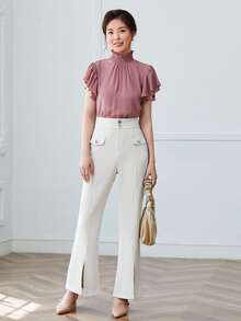 Solid High Waist Slit Hem Suit Pants - Apricot - View 4
