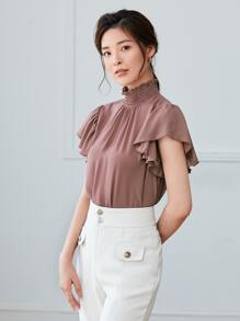 SHEIN Privé Shirred Mock Neck Butterfly Sleeve Top - Dusty Pink - View 4