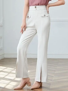 Solid High Waist Slit Hem Suit Pants - Apricot - View 5