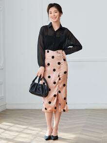 Dotted Slit Hem Straight Skirt - Coral Pink - View 3