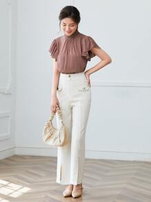 SHEIN Privé Shirred Mock Neck Butterfly Sleeve Top - Dusty Pink - View 5