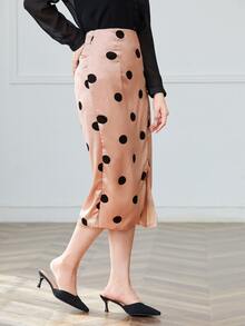 Dotted Slit Hem Straight Skirt - Coral Pink - View 5
