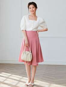 Asymmetrical Hem Pleated Skirt - Pink - View 4