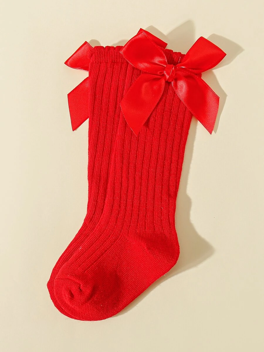 1pair Baby Bow Decor Over The Knee Socks - Red - View 1