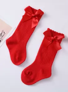 1pair Baby Bow Decor Over The Knee Socks - Red - View 2