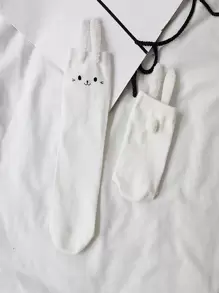 ROMWE Kawaii Cartoon Graphic Rabbit Ear Decor Crew Socks - White - View 5