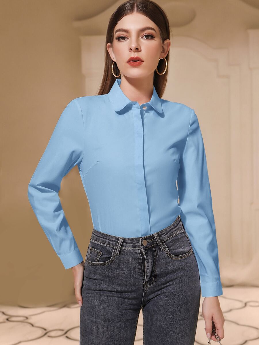 Mulvari Solid Button Front Shirt,Long Sleeve Tops - Baby Blue - View 1