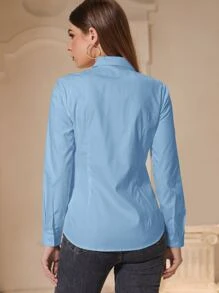 Mulvari Solid Button Front Shirt,Long Sleeve Tops - Baby Blue - View 2