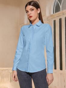 Mulvari Solid Button Front Shirt,Long Sleeve Tops - Baby Blue - View 3