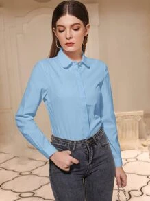 Mulvari Solid Button Front Shirt,Long Sleeve Tops - Baby Blue - View 5