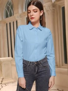 Mulvari Solid Button Front Shirt,Long Sleeve Tops - Baby Blue - View 6