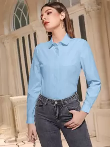 Mulvari Solid Button Front Shirt,Long Sleeve Tops - Baby Blue - View 7