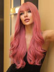 Pelucas de pelo sintético ondulado largo rosa con flequillo para mujer, peluca rosa ondulada de Cosplay Natural, fibra resistente al calor - Rosa - Ver 3