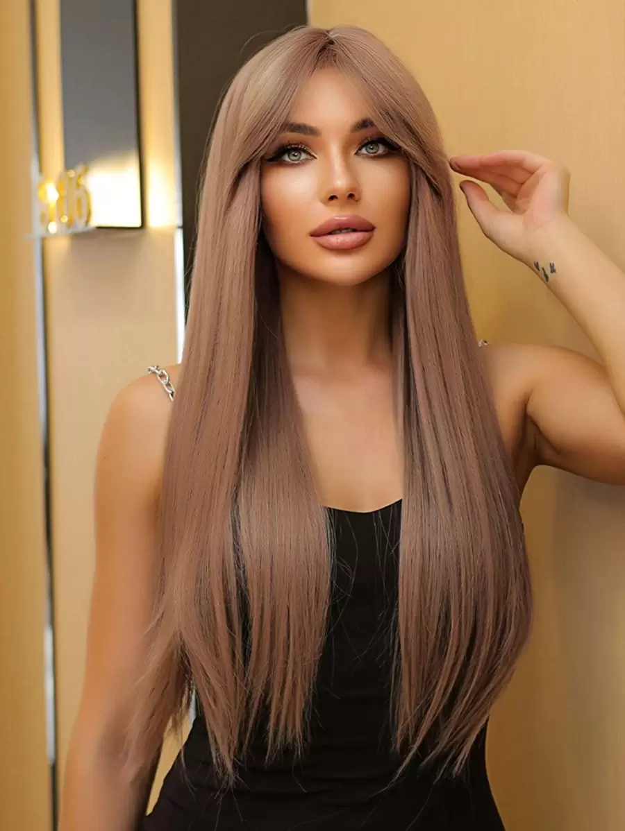 Long Straight Synthetic Wig With Bangs - Brown - View 1