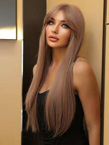 Long Straight Synthetic Wig With Bangs - Brown - View 3