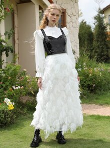 SHEIN MOD Contrast Sequin Crop Wide Strap Top - Black - View 5