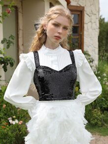 SHEIN MOD Contrast Sequin Crop Wide Strap Top - Black - View 4