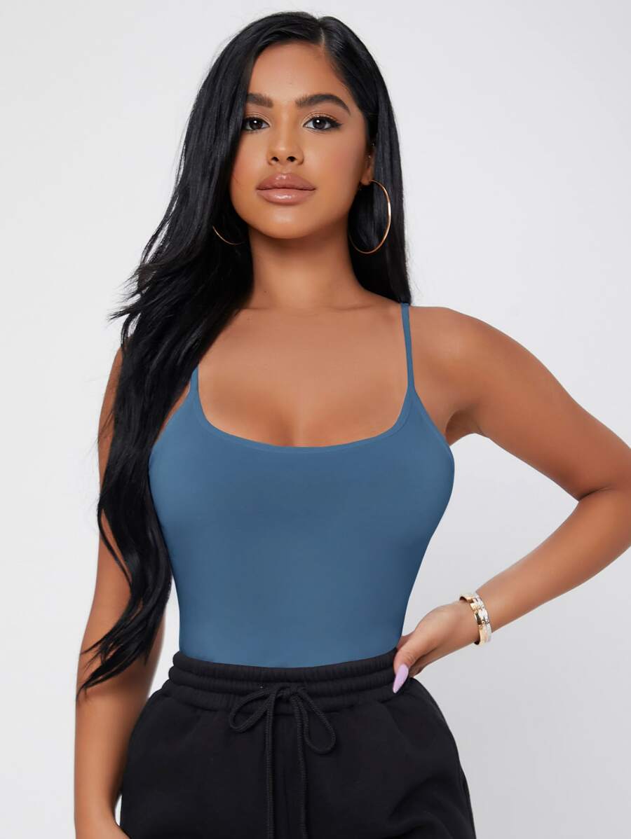SHEIN PETITE 素色修身吊帶上衣 - 霧霾藍 - 查看 1