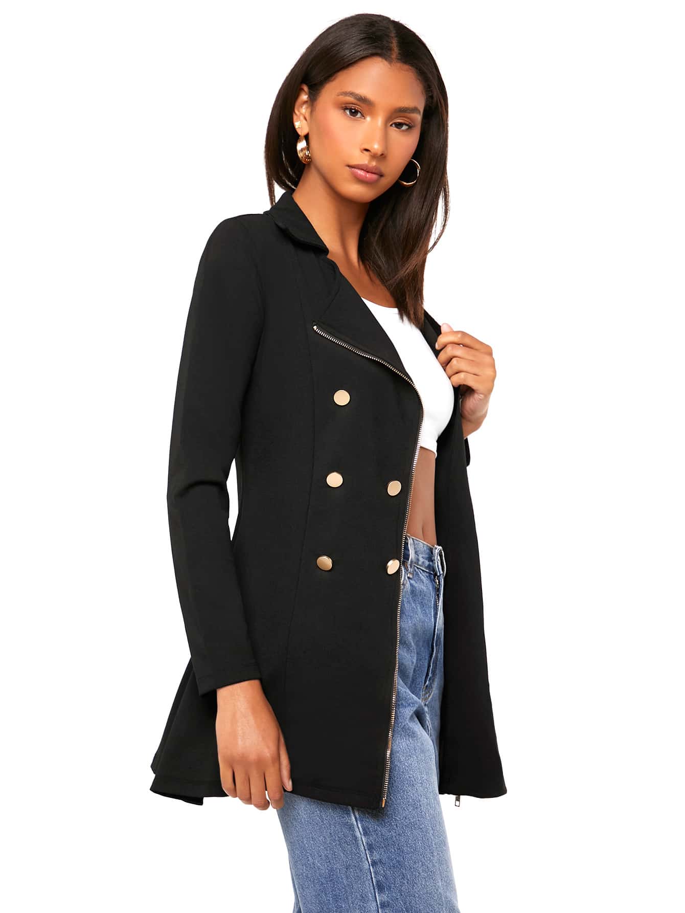 SHEIN Privé Solid Double Breasted Blazer - Black - View 1