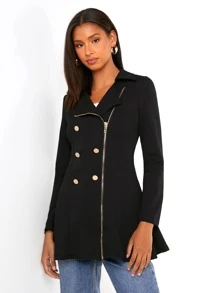 SHEIN Privé Solid Double Breasted Blazer - Black - View 6