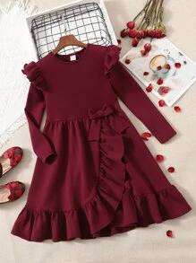 SHEIN Niñas Vestido cruzado ribete con fruncido - Granate - Ver 1
