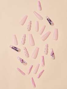 24 件长棺材 3D 仿珍珠装饰蝴蝶樱桃假指甲、1 件指甲锉和 1 片胶带，打造迷人指甲，美甲用品 - 彩色 - 查看 4