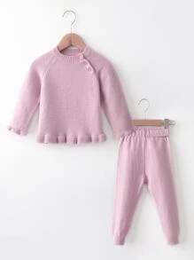 Bebé Jersey de manga raglán bajo con fruncido con pantalones tejidos - Rosa Pálido - Ver 1