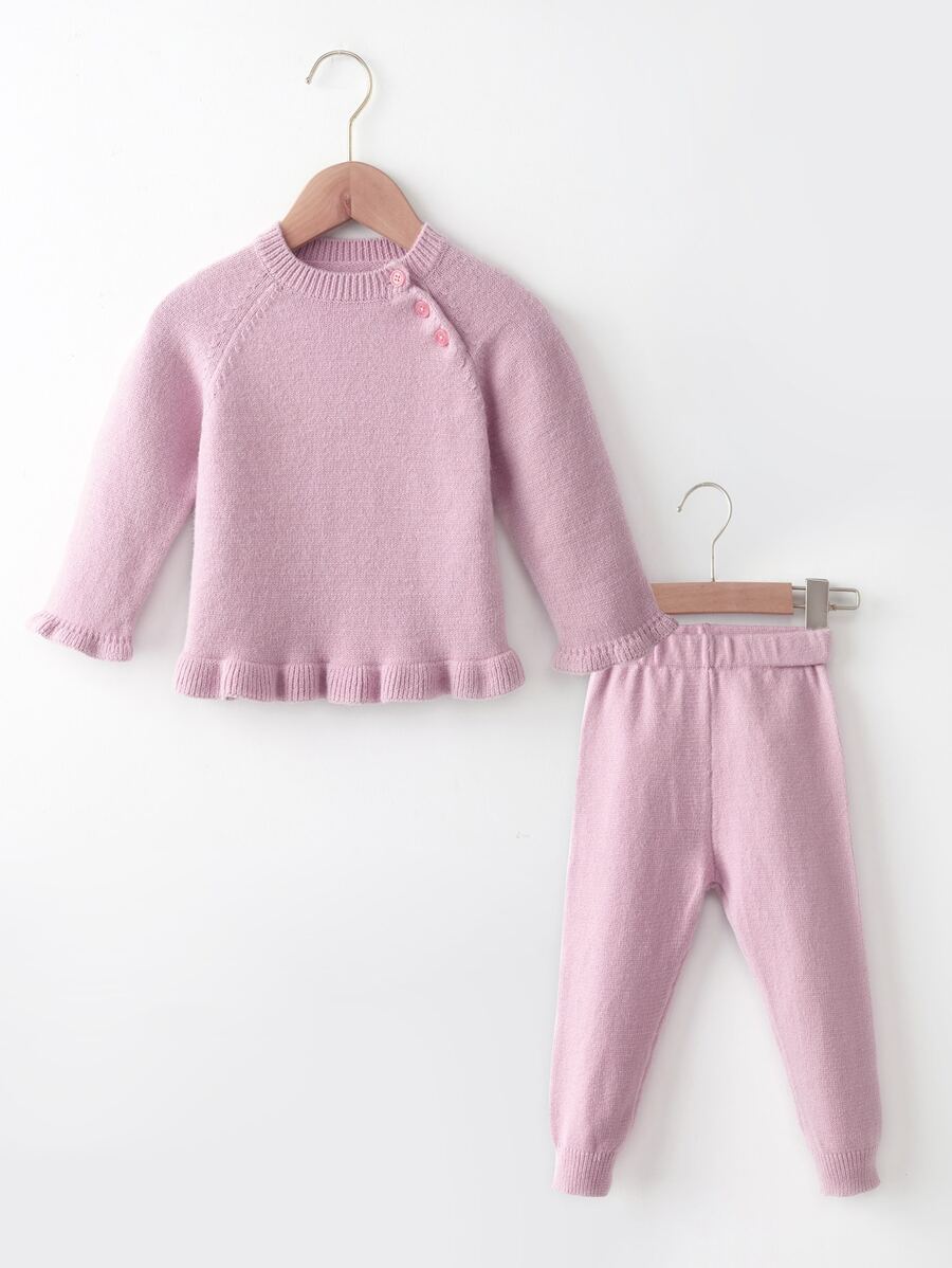 Bebé Jersey de manga raglán bajo con fruncido con pantalones tejidos - Rosa Pálido - Ver 1