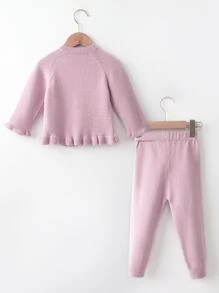 Bebé Jersey de manga raglán bajo con fruncido con pantalones tejidos - Rosa Pálido - Ver 2