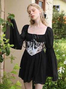 SHEIN MOD Cat Print Ruched Bust Knotted Front Flounce Sleeve Dress - Black - View 2