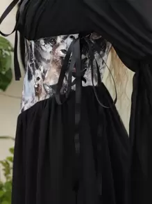 SHEIN MOD Cat Print Ruched Bust Knotted Front Flounce Sleeve Dress - Black - View 4