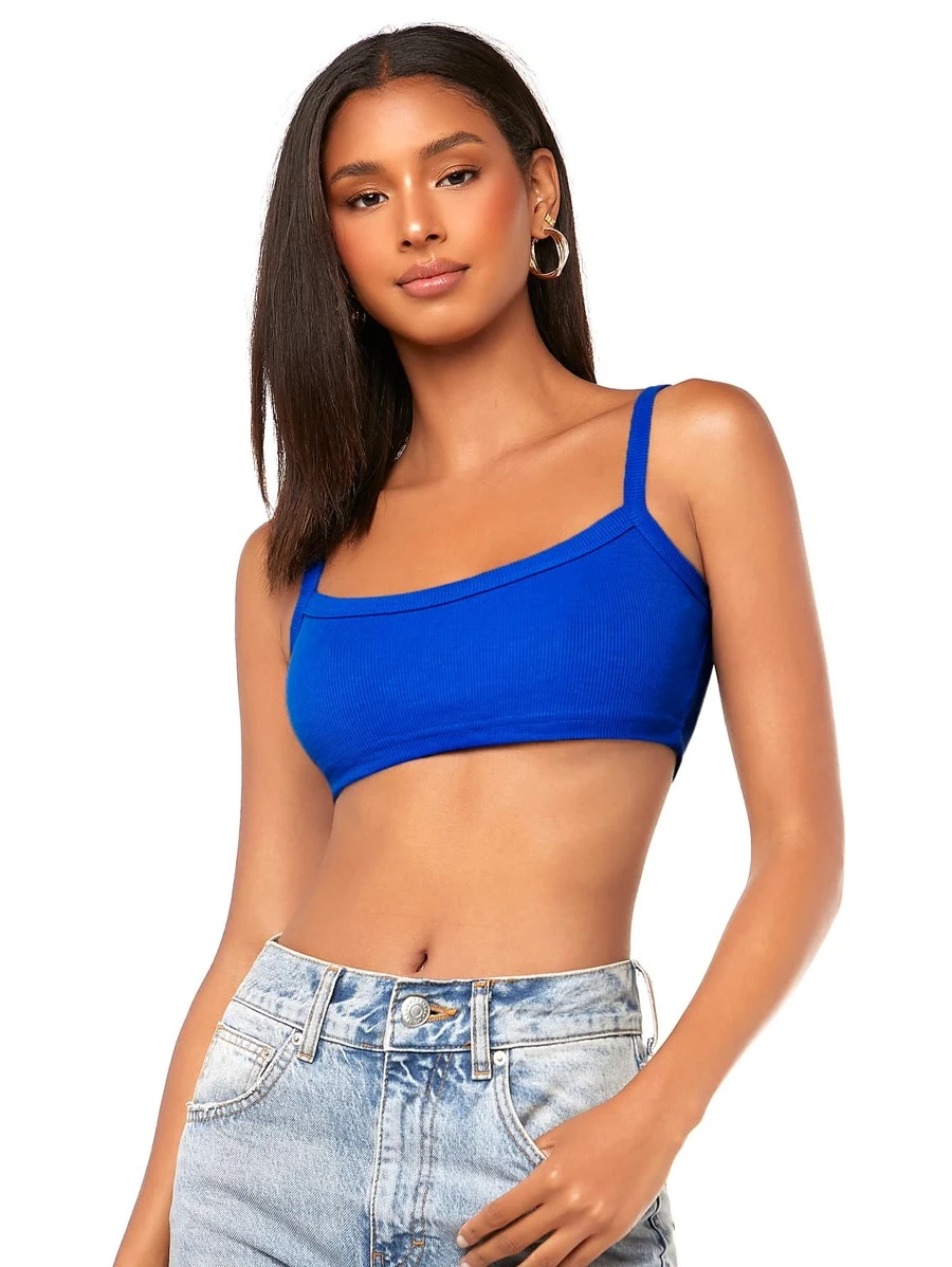 SHEIN BAE Áo hai dây Gân đan màu trơn Gợi cảm - Xanh đậm - Xem 1