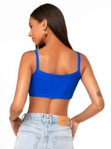 SHEIN BAE Áo hai dây Gân đan màu trơn Gợi cảm - Xanh đậm - Xem 2