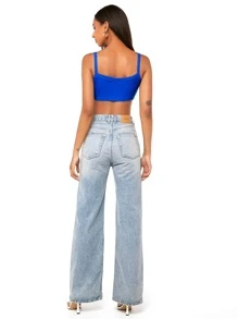 SHEIN BAE Áo hai dây Gân đan màu trơn Gợi cảm - Xanh đậm - Xem 3
