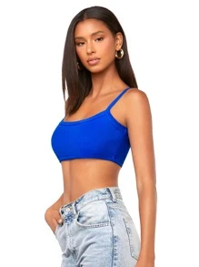 SHEIN BAE Áo hai dây Gân đan màu trơn Gợi cảm - Xanh đậm - Xem 5