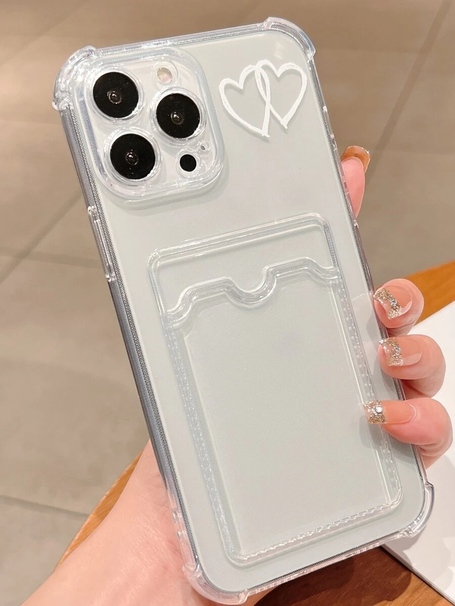 Heart Print Clear Phone Case With Card Slot - Clear - View 1