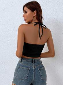 Breezaya Lace-up Front Backless Textured Crop Halter Top - Black - View 2
