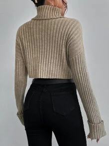 Chiquease Drop Shoulder Turtle Neck Ribbed Knit Sweater Knit Pullover Fall Winter - Khaki - View 2