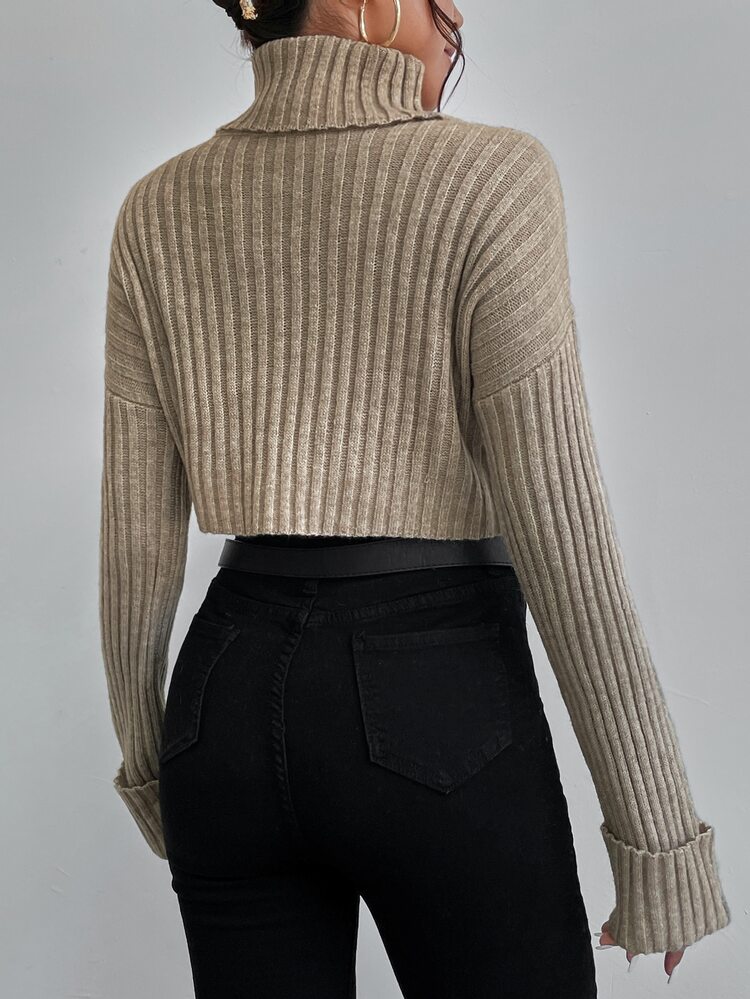 Drop Shoulder Turtle Neck Ribbed Knit Sweater Knit Pullover Fall Winter
