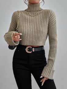 Chiquease Drop Shoulder Turtle Neck Ribbed Knit Sweater Knit Pullover Fall Winter - Khaki - View 3