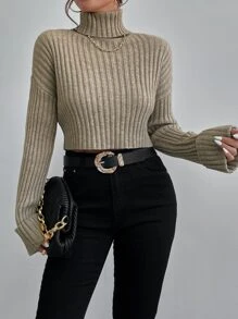 Chiquease Drop Shoulder Turtle Neck Ribbed Knit Sweater Knit Pullover Fall Winter - Khaki - View 4