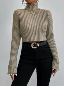 Chiquease Drop Shoulder Turtle Neck Ribbed Knit Sweater Knit Pullover Fall Winter - Khaki - View 6